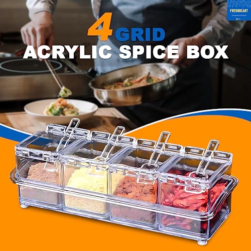 Image of FreshDcart Fdca389 Masala Container | Acrylic 4-Grid Transparent Masala Dabba | Spice Box with Serving Spoons for Masala, Salt, Pepper Storage (1 Pc, Beige)