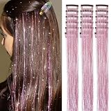 Pinkes Haarlametta 18 pcs Clip in Haarlametta Set für Mädchen 20 Zoll lange Glitzer Haarverlängerungen Hitzebeständige farbige Haarverlängerungen für Kinder Festival Accessoires