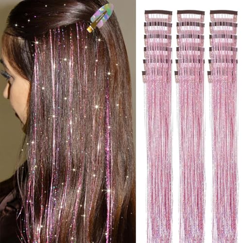 Pinkes Haarlametta 18 piezas Clip in Set de Extensiones de Cabello para Niñas 20 pulgadas Extensiones de Cabello Brillantes Resistentes al Calor para Niños Accesorios de Festival