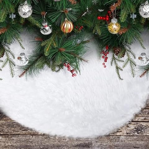 White Christmas Tree Skirt Faux Fur Xmas Tree Skirts 59 Inch Christmas Tree Plush Skirt Decoration for Christmas Tree Decoration and Home Party Ornaments Cover