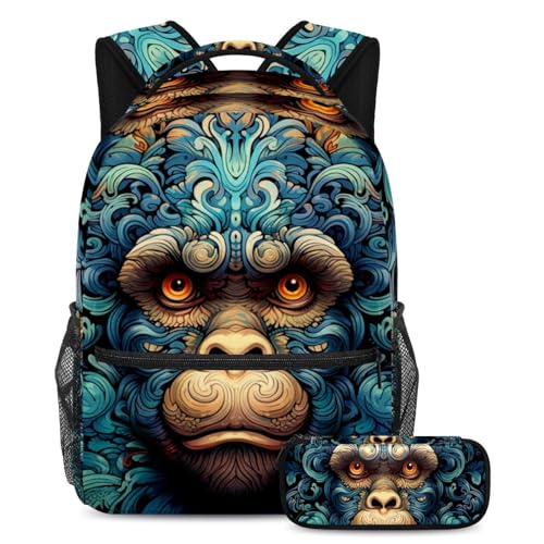 Sac à dos coloré singe de grande capacité avec trousse d'école pour ado