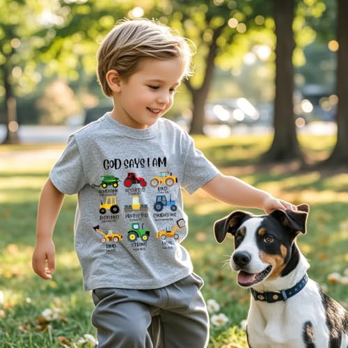 Kids Toddler Little Boys T-Shirt God Says I Am Construction Bible Verse Truck Excavator Tractor Shirt 2-7 Years4