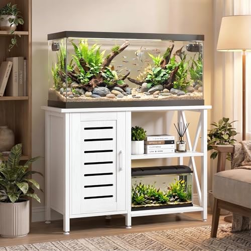 Image of Herture 40-50 Gallon Fish Tank Stand, Aquarium Stand with Cabinet Accessories Storage, Heavy Duty Metal Frame, 40.55 inch L*18.89 inch W Tabletop, 850LBS Capacity, White PG02YGW