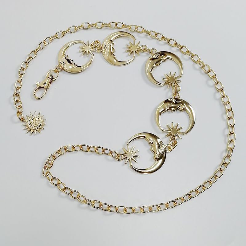 Gothic Punk Waist Chain Belt for Women – Adjustable, Lightweight, Foldable with Metal Buckle – Stylish Moon & Star Design for Jeans, Skirts, Pants – Ideal Ideal Halloween Accessory Gift(Gold)2