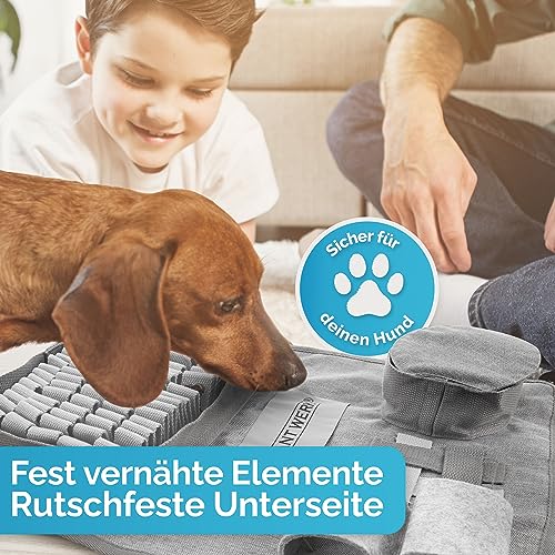 Briliantwerk®️ Schnüffelteppich Hund – Extrem widerstandsfähiges Material - 5 Trainingselemente und 3 Schwierigkeitsstufen – Das Intelligenzspielzeug für Hunde jeder Größe (Grau)