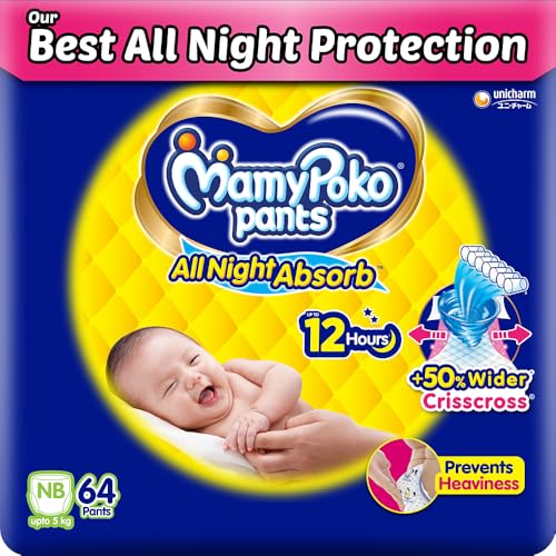 Mamypoko Pants, All Night Absorb Pant Style Baby Diapers for upto 5 Kgs + 50% Wider and Repeated Absorption for All Night, 12 Hr Protection from Leakage, Prevents Heaviness, New Born (XS), 64 Count
