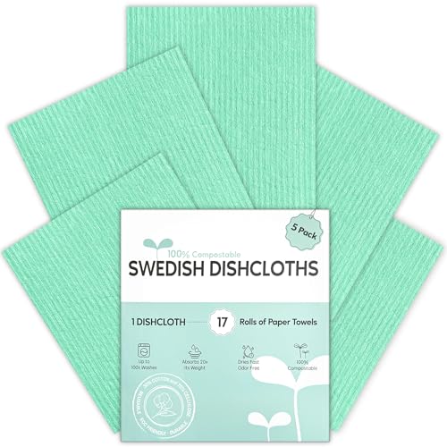 Auggee Swedish Dishcloths for Kitchen, 5 Pack Swedish Dish Cloths, Ultra Absorbent Reusable Paper Towels, Cellulose Sponge Cloths, Quick Drying, No Odor, Dishwasher Safe Mint Green