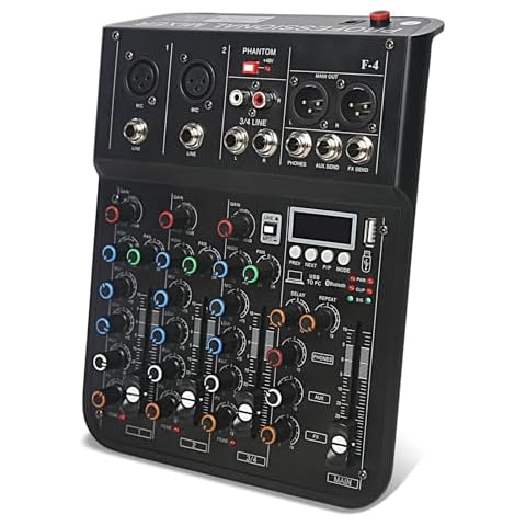 Jindaaudio 4 Channel mixer, DJ Mixer Board with Bluetooth and Usb, Audio Sound Card with Interface Recording and 48V Phantom Power, Sounds Mixer Board with FX Reverb Delay Effect for Streaming Cover