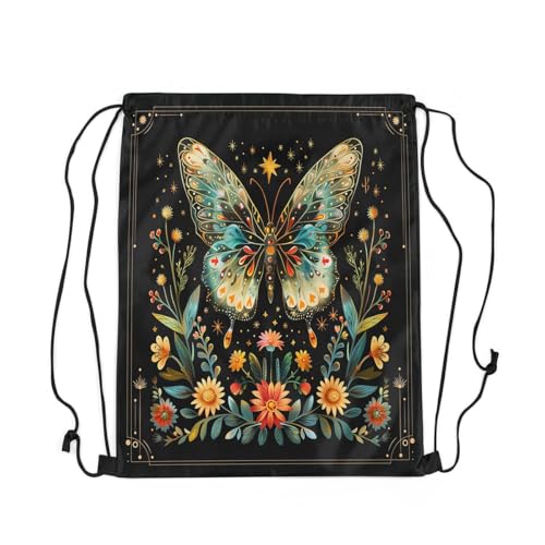 Castle Fairy Rainbow Butterfly Waterproof Drawstring Backpack,Rustic Botanical Flowers Boho Style String Bag Sackpack,Watercolor Jungle Butterfly Plants Foldable Draw String Back Bag Sports Bag
