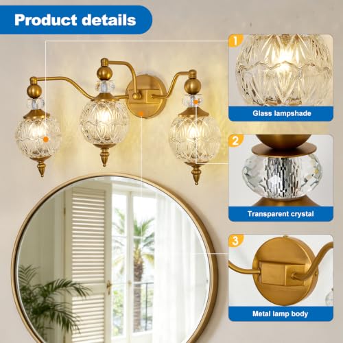 Image of Vintage Vanity Light 3 Light Gold Bathroom Light Fixtures Over Mirror