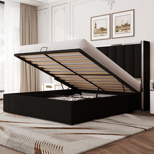 LUXOAK Bett mit stauraum 160x200, 115 cm hohes Kopfteil, Stauraum, Liftfunktion & Chrom-Design, Massivholzrahmen – Samt,Schwarz