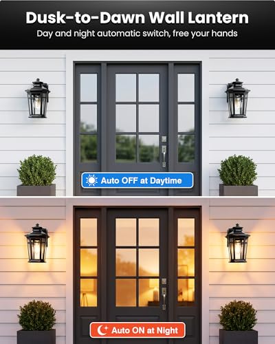 Image of Gleamz Large Dusk to Dawn Outdoor Lighting with GFCI Outlet, Black Exterior Lighting Fixtures, Outdoor Porch Lights Wall Mount for Garage, Patio, Coach, 100% Aluminum Anti-Rust Waterproof