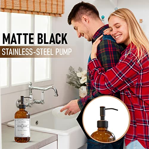 Image of Sunrise Premium 2 Pack Amber Glass Soap Dispenser 16 OZ with Oil Rubbed Bronze Stainless Steel Pump, Hand and Dish Soap Dispenser Set for Bathroom and Kitchen Sink with 6 Waterproof Labels