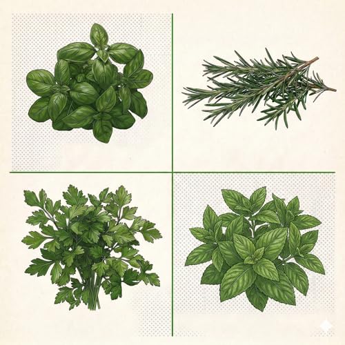 Set Semi Erbe Aromatiche | Basilico, Rosmarino, Prezzemolo e Menta | 4 Bustine da 6g | Semi Aromatici per Orto, Giardino e Balcone | Ideali per Coltivazione in Vaso