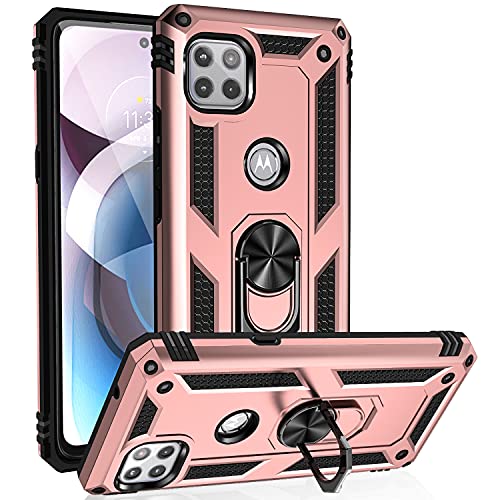 Military Grade Drop Impact for Moto One 5G Ace Case Motorola One 5G Ace G 5G Case 360 Metal Rotating Ring Kickstand Holder Armor Heavy Duty Shockproof for One 5G Ace Phone Case (Rose Gold)