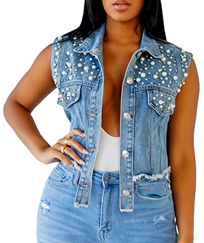 ECDAHICC Women's Luscious Bling Denim Vest Embroidered Pearl Sleeveless Button Up Denim Jacket Cropped Jean Vest