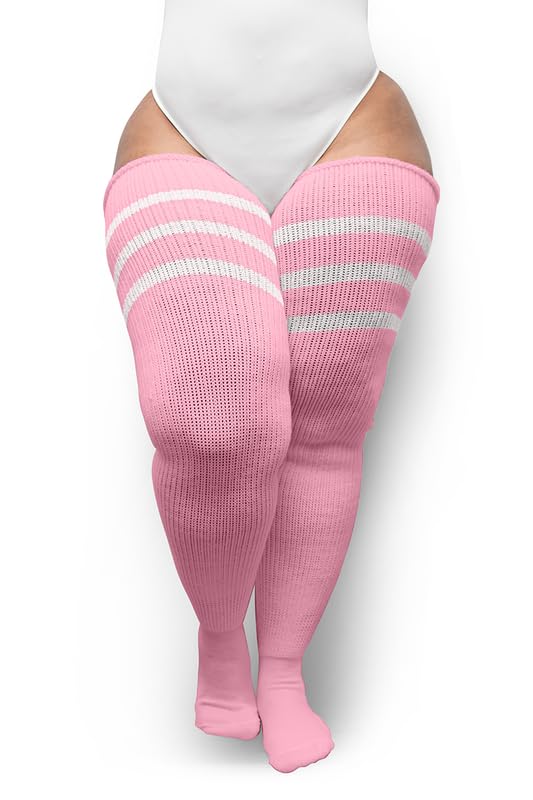 Image of Thunda Thighs Plus Size Striped Thigh High Socks, Over the Knee High Boot Stockings Leg Warmers, Extra Long & Thick Socks (Pastel Pink & White)