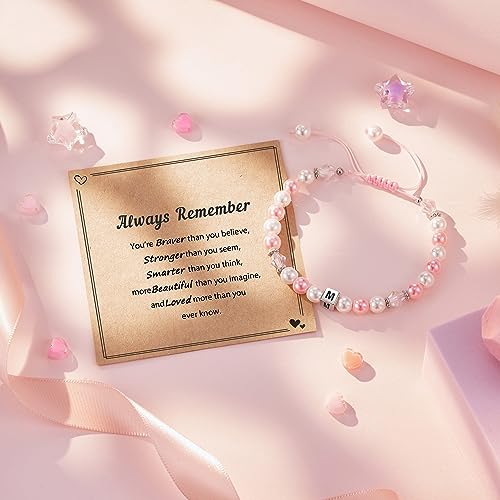 Image of Kindergarten Preschool Graduation Gifts for Little Girls | Commemorative Bracelet for Daughter /Granddaughter /Niece | Pink Pearl Initial Bracelet | Adjustable Length