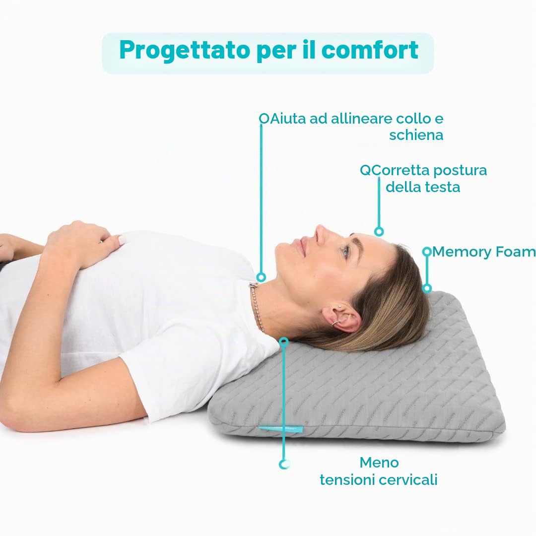 Cuscino Basso MKS per Dormire (40x60 cm) | Cuscino Cervicale in Memory Foam con Rivestimento in Bambù | Cuscino Morbido e Rigido per Collo e Testa | Design Rinfrescante, da Viaggio e Anti-Allergico