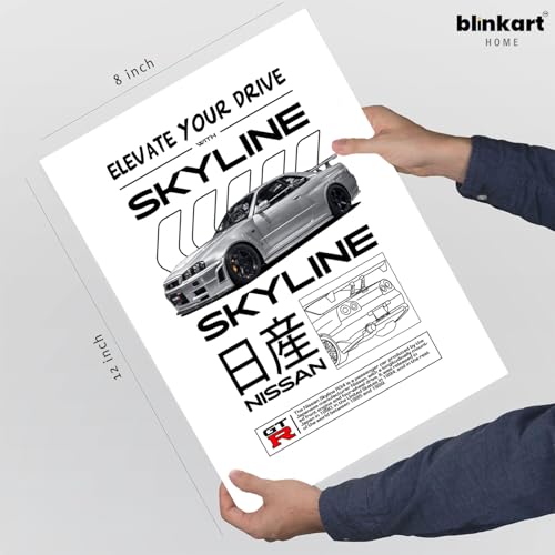 Image of BLINKART Nissan Skyline GT-R (R34) CarFramed Posters Gift Items Boys Room Wall Decoration Bedroom Office Studio Synthetic Wood Frame & Acrylic Glass Ready to Hang - 12x8 Inch, (A4 Size) - CAR-171
