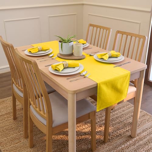 Image of Encasa XO Table Runner for 4 to 6 Seater | Cotton Canvas Fabric | Size 13x72 in | Sunbeam Yellow Solid Color | Machine Washable & Durable