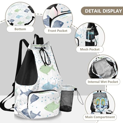 Mesh Gym Swimming Bags for Men & Women, Colorful Cute Animal Fish Large Drawstring Backpack with Dry-Wet Pocket, Lightweight Gym Bag for Sports, Travel, Beach, Workout Gear4