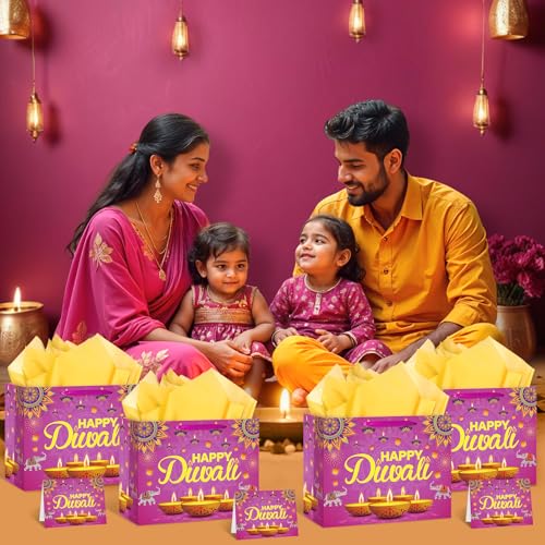 Happy-Diwali-Gift-Bags-Diwali-Party-Supplies-Festival-of-Lights-Favors-Gift-Bags-with-Wrapping-Paper-and-Card-Large-Indian-Diwali-Wrapping-Paper-Bag-Pink-Candlelight-Goodie-Bags-Deepavali-Decoration