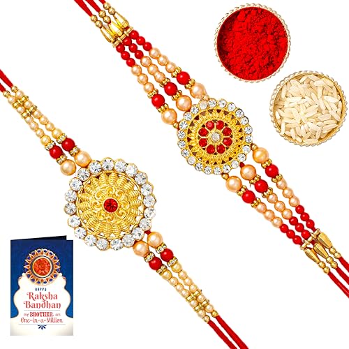 Image of Rakhi Gold Plated Kundan traditional (Set of 2) with Roli Chawal and Raksha Bandhan Greeting Card for Brother (R-1 & R-2)