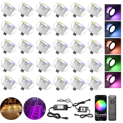 Recessed LED Deck Lights Kit, 30pcs 1.22' WiFi Smart Control RGBW Low Voltage Landscape Lighting, IP67 Waterproof, 3000K Dimmable, Alexa/Google Compatible, Outdoor Garden Yard Path Ground Stairs Decor