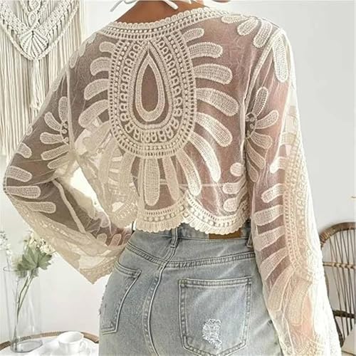 Women's Floral Embroidered Semi-Sheer Cover Up Long Sleeve Round Neck Boho Lace Top for Women Sheer Beach Coverup4