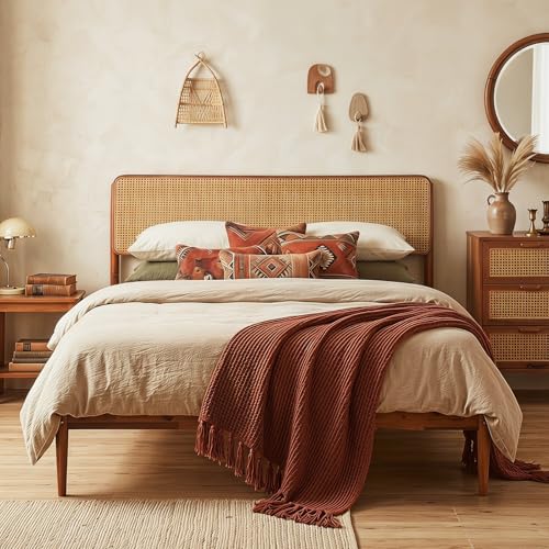 Giantex Rattan Queen Bed Frame Boho Wood Platform Bed with Wicker Headboard Wooden Mattress Foundation & Support Slats Under-Bed Storage Queen Size Bedframe for Adults No Box Spring Needed