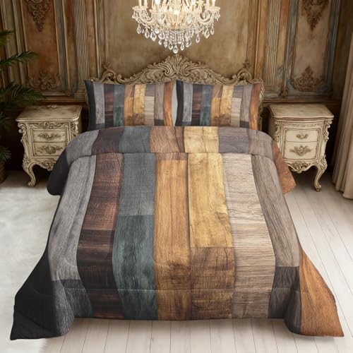 Wood Effect Comforter Set Full Size, Striped Country Boho Trending