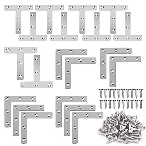 Stainless Steel T-Shaped and L-Shaped Metal Flat Corner Brace, Corner Brackets for Wood, Including 10 T-Shaped and 10 Flat L-Shaped Bracket, Used for Installation of Various Furniture