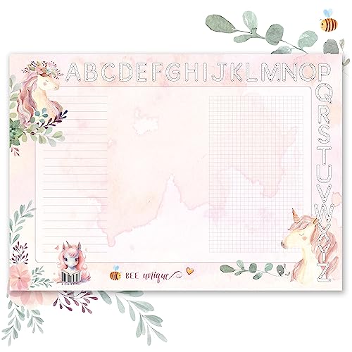 TOBJA DIN A3 Schreibtischunterlage für Mädchen - Süßes Einhorn Design, dickes 90g/m² Papier, mit ABC Leiste zum Ausmalen - Perfekt zur Einschulung | Schreibtischunterlage Papier 25 Blatt