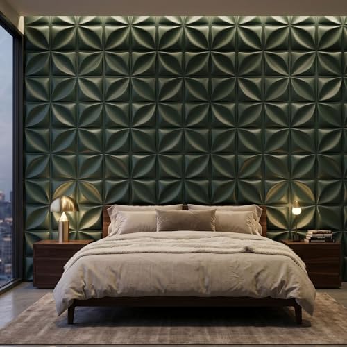 Image of Kayra Decor 3D PVC Wall Panels for Bedroom Bloom Design Olive Green Color 19.7 inch x 19.7 inch (Pack of 40) - Covers 107.80 Sq. Ft.