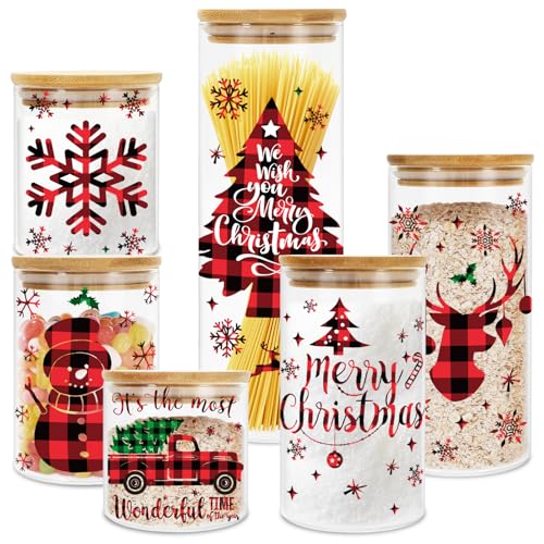 JarThenaAMCS 6Pcs Merry Christmas Glass Storage Jars with Airtight Lid Red Black Plaid Xmas Tree Snowman Reindeer Snowflake Canisters Sets for Home Kitchen Countertop