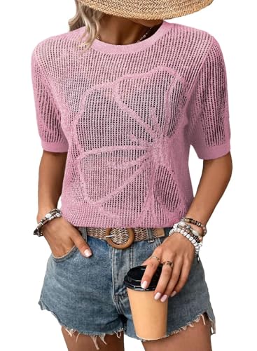 Image of Dokotoo Womens Summer Short Sleeve Crochet Tops Hollow Out Floral Sweaters Beach Vacation Cruise Outfits