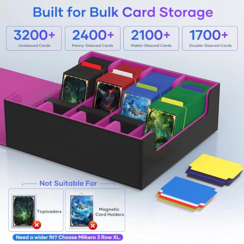Image of Mlikero Trading Card Storage Box, Bulk Card Storage for 2400+ Sleeved Cards, PU Leather Magnetic Closure Card Organizer with 10 Dividers & 4 Foam Stoppers, Fit for MTG, TCG and Sports Cards (Purple)