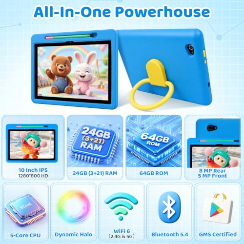 Image of Android 16 Kids Tablet HD 10 Inch with Stylus & Case, 24GB RAM 64GB ROM 1TB
