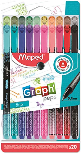 MAPED - 20 Feutres Graph'Peps - Feutres Pointe Fine 0, 4 mm - Pointe Résistante - Confort d'écriture et Dessin - 20 Feutres Couleurs Éclatantes