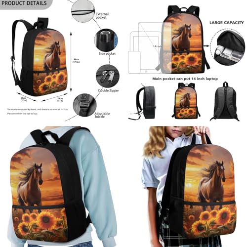 Horse Sunflower Backpack for School Girls Teen 4PCS Elementary Middle School Bag Lunch Box Water Bottle Holder Set Large Capacity Book Bags Rucksack Outdoor Travel Daypack Laptop Bag 7