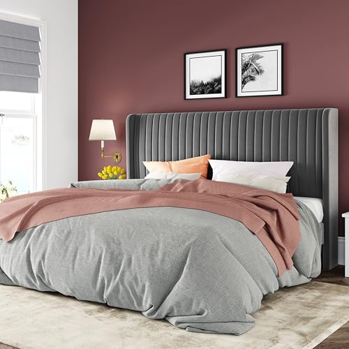 Image of Allewie King Size Velvet Bed Frame /Vertical Channel Tufted Wingback Headboard /Upholstered Platform Bed /No Box Spring Needed /Strong Wooden Slats /Easy Assembly /Grey