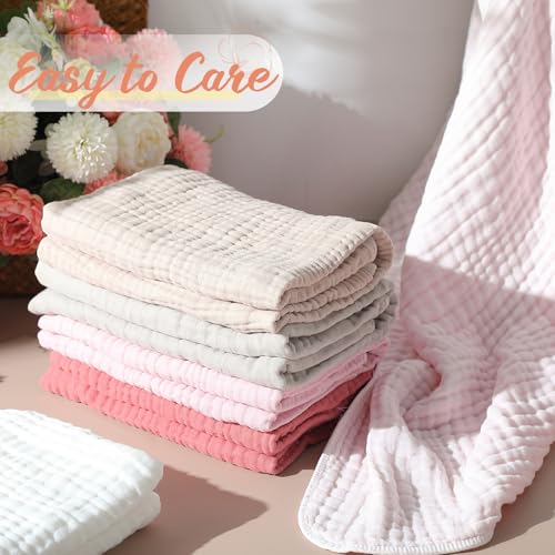 Image of VitalCozy 12 Pcs Baby Muslin Hooded Bath Towels and Washcloths, Muslin Hooded Baby Towels Absorbent Blankets for Gift Newborn Infant Shower (Pink Beige Series)