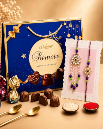 Image of HyperFoods Bhaiya Bhabhi Rakhi with Chocolate Gift Pack and Rakhi for Brother and Bhabhi Gift Hamper Chocolates with rakhi set for Brother Benrove Chocolate (Assorted Color Bags) 350g Gifts Pack