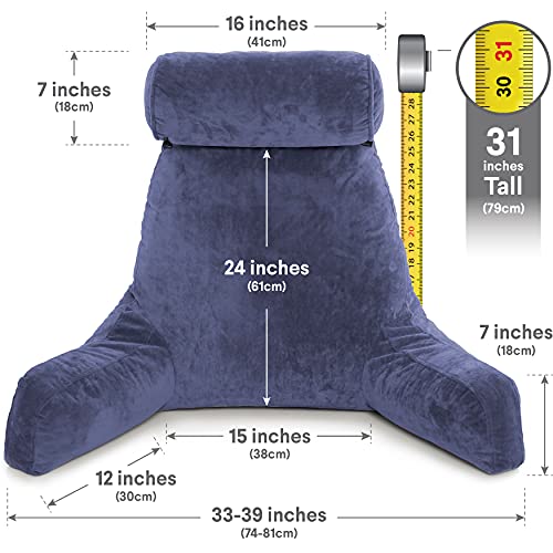 Husband Pillow Xxl Dark Blue Backrest With Arms - Adult Reading Pillow Shredded Memory Foam, Ultra-Comfy Removable Microplush Cover & Detachable Neck Roll, Unmatched Support Bed Rest Sit Up Pillow #TOP1