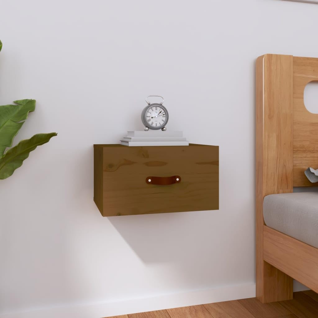 Chambre élégante avec la table de chevet murale en pin massif miel pour un réveil serein