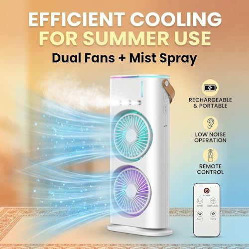 Image of Mini Air Cooler USB Rechargeable Fan with Spray Mist & Remote