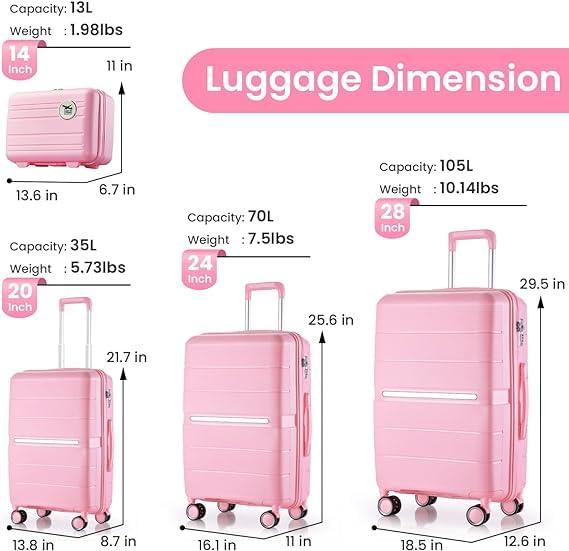 4 Piece Luggage Set Clearance, TSA Lock Carry on Expandable Suitcase (14/20/24/28) Hardshell Lightweight with Double Spinner Wheels (Style1-Pink)2