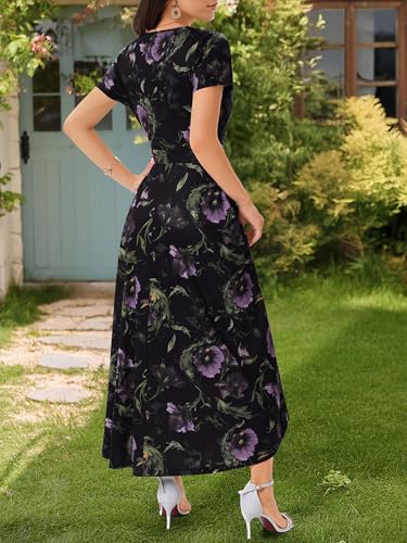 Image of HUHOT Women's Short Sleeve Wrap V Neck Dresses for Wedding Guest Summer Floral Maxi Sundresses with Pockets Boho Dress
