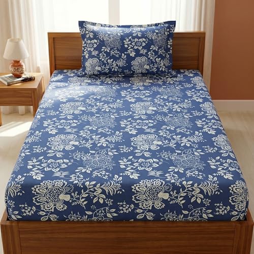Image of Mafatlal 125 GSM Merino Single Size Bedsheet with Pillow Cover | 90 x 60 Inches | Soft, Breathable & Lightweight | Blue